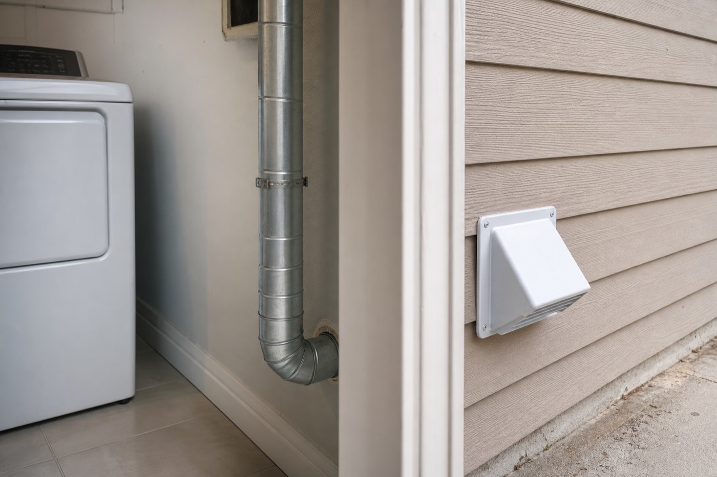 Rigid dryer vent ducting installed along a laundry room wall