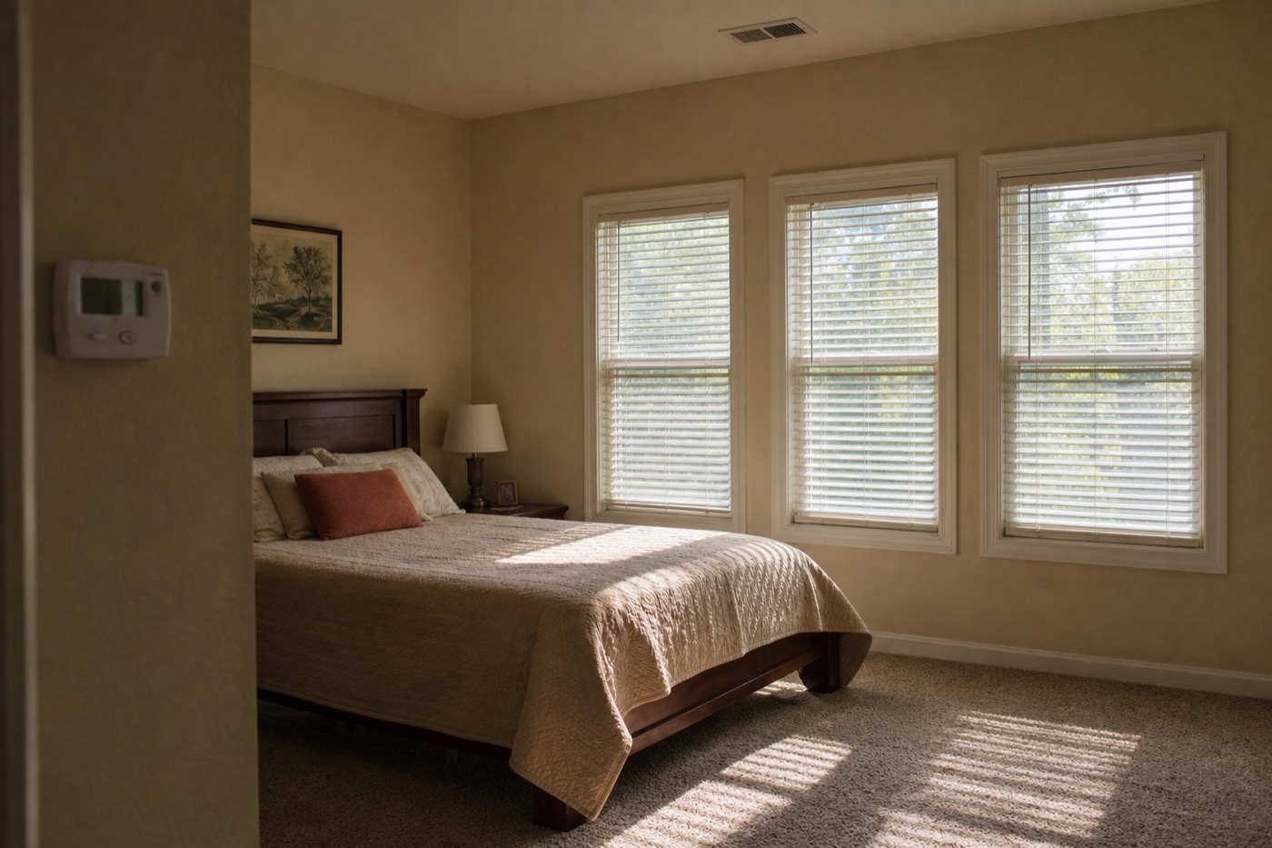 Sunlit upstairs bedroom with blinds and a wall thermostat