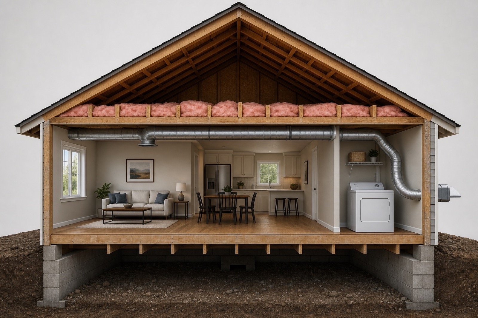 Cutaway of a home showing attic insulation, ductwork, dryer vent, and crawlspace